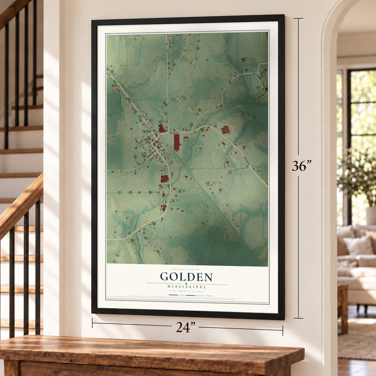 Golden, Mississippi map, 24 x 36 inch print in a black frame by a staircase