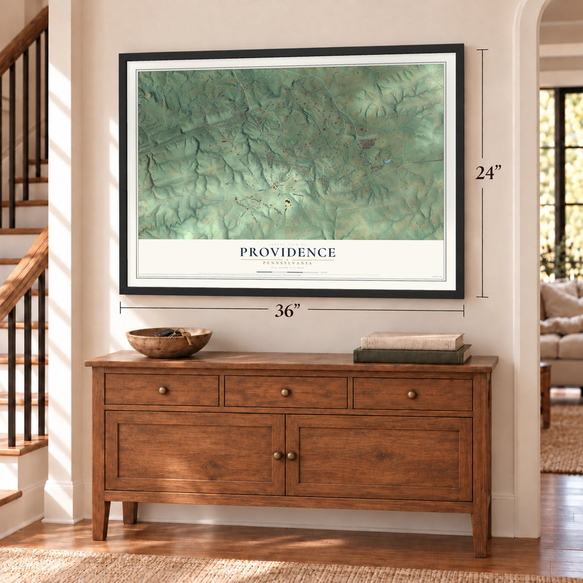 Providence, Pennsylvania map, 24 x 36 inch print in a black frame above a dresser by a staircase