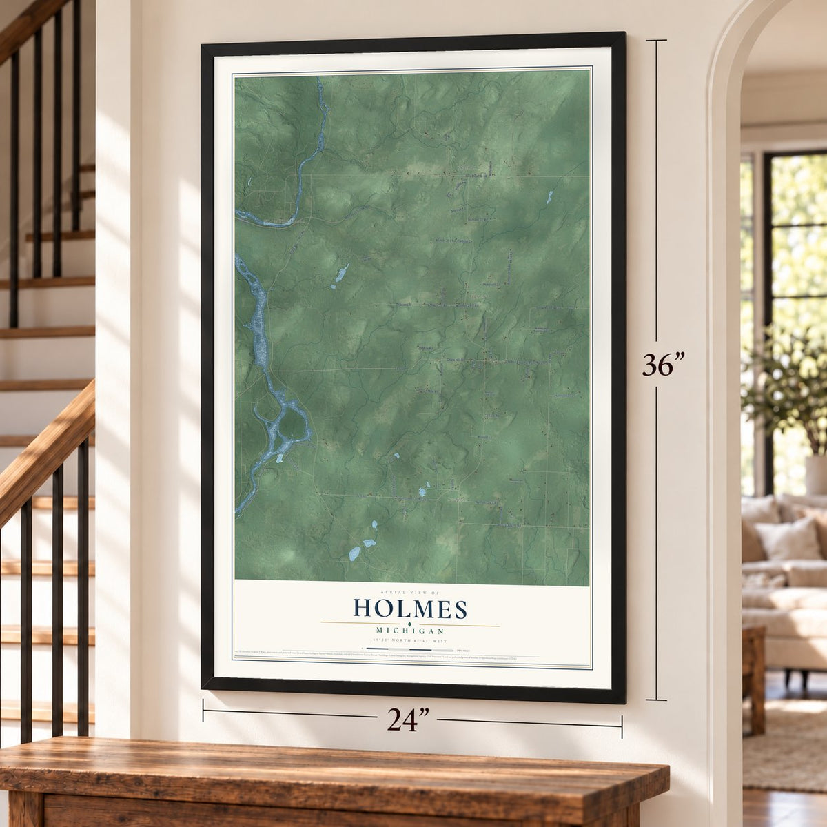 Holmes, Michigan map, 24 x 36 inch print in a black frame by a staircase
