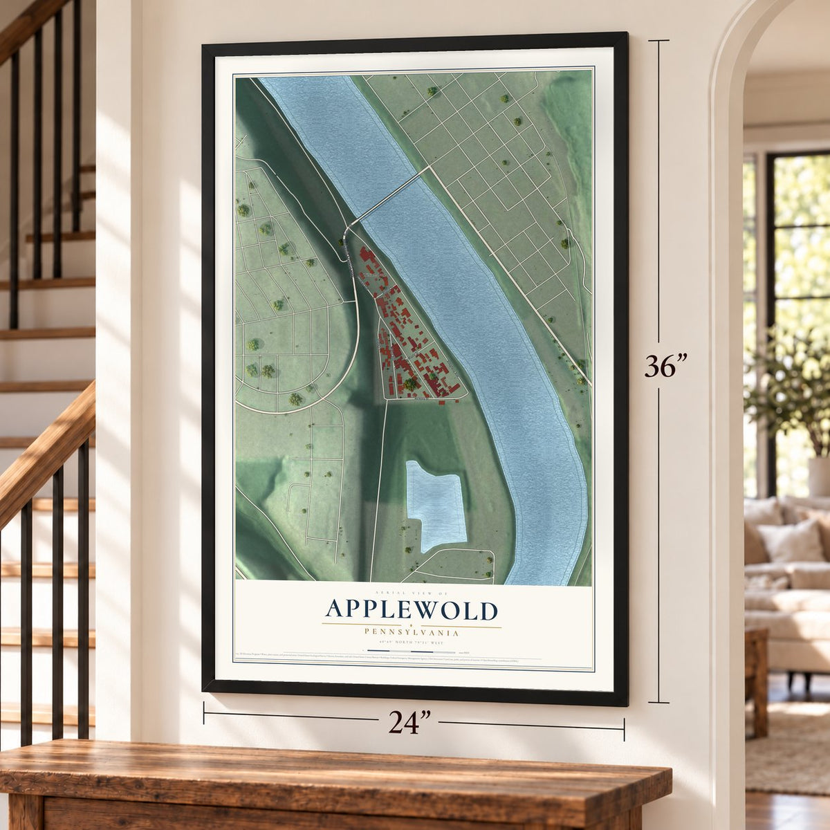 Applewold, Pennsylvania map, 24 x 36 inch print in a black frame by a staircase