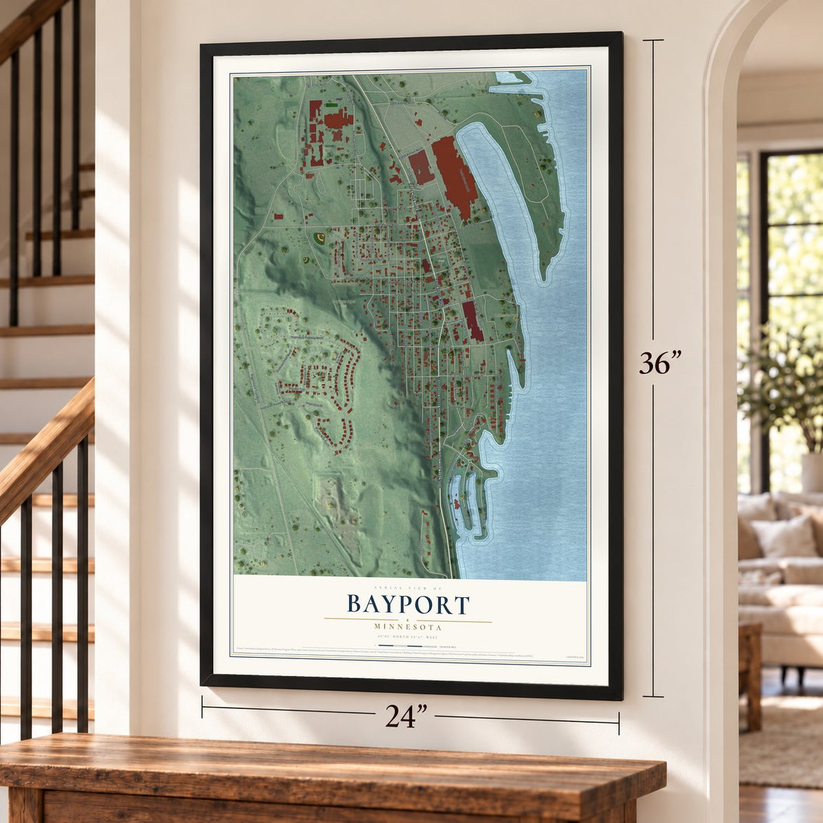 Bayport, Minnesota map, 24 x 36 inch print in a black frame by a staircase
