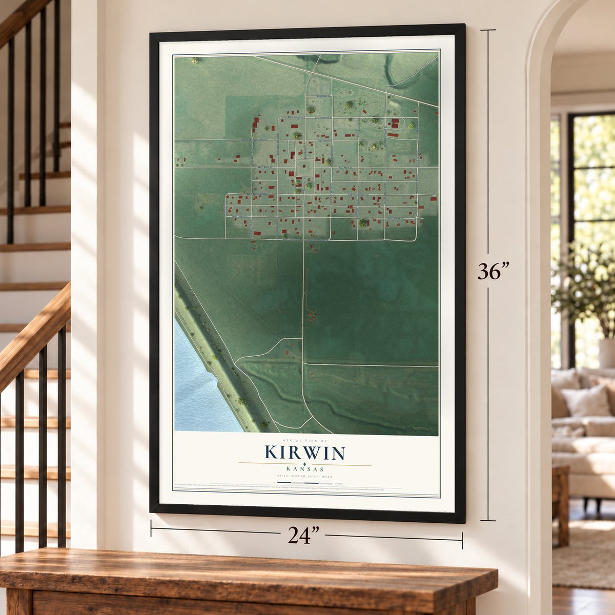Kirwin, Kansas map, 24 x 36 inch print in a black frame by a staircase