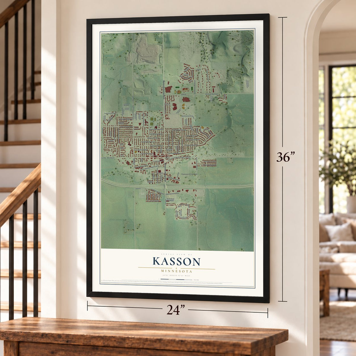 Kasson, Minnesota map, 24 x 36 inch print in a black frame by a staircase