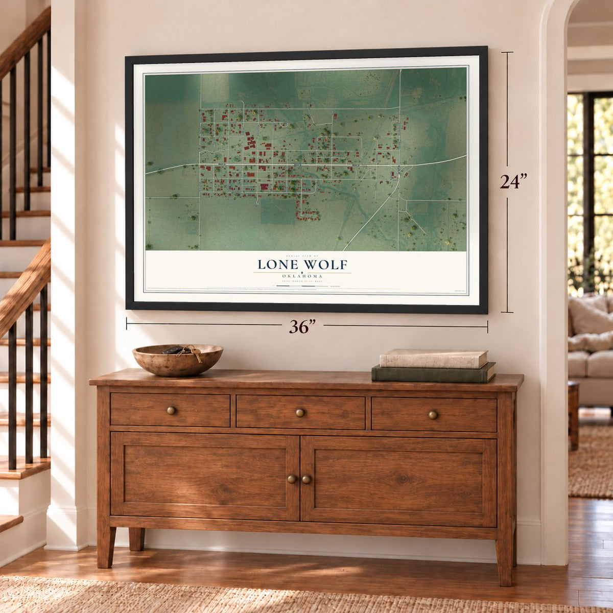 Lone Wolf, Oklahoma map, 24 x 36 inch print in a black frame above a dresser by a staircase