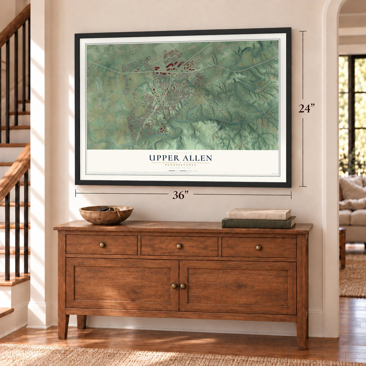 Upper Allen, Pennsylvania map, 24 x 36 inch print in a black frame above a dresser by a staircase