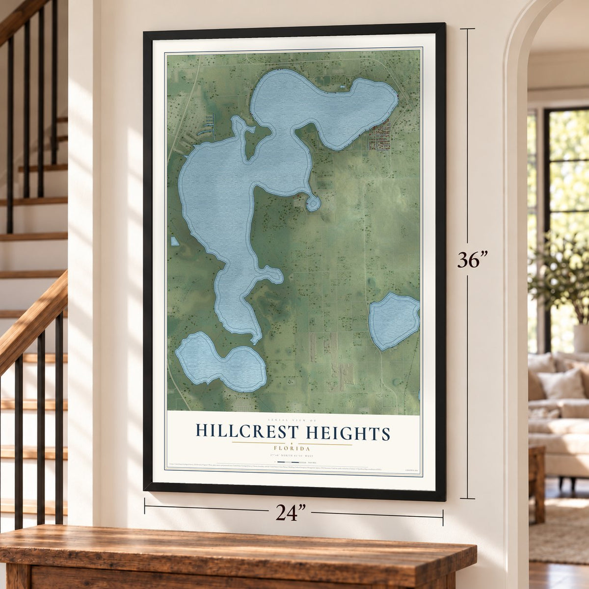 Hillcrest Heights, Florida map, 24 x 36 inch print in a black frame by a staircase
