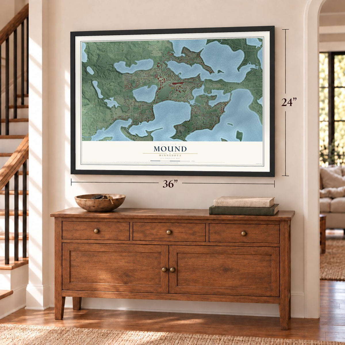 Mound, Minnesota map, 24 x 36 inch print in a black frame above a dresser by a staircase