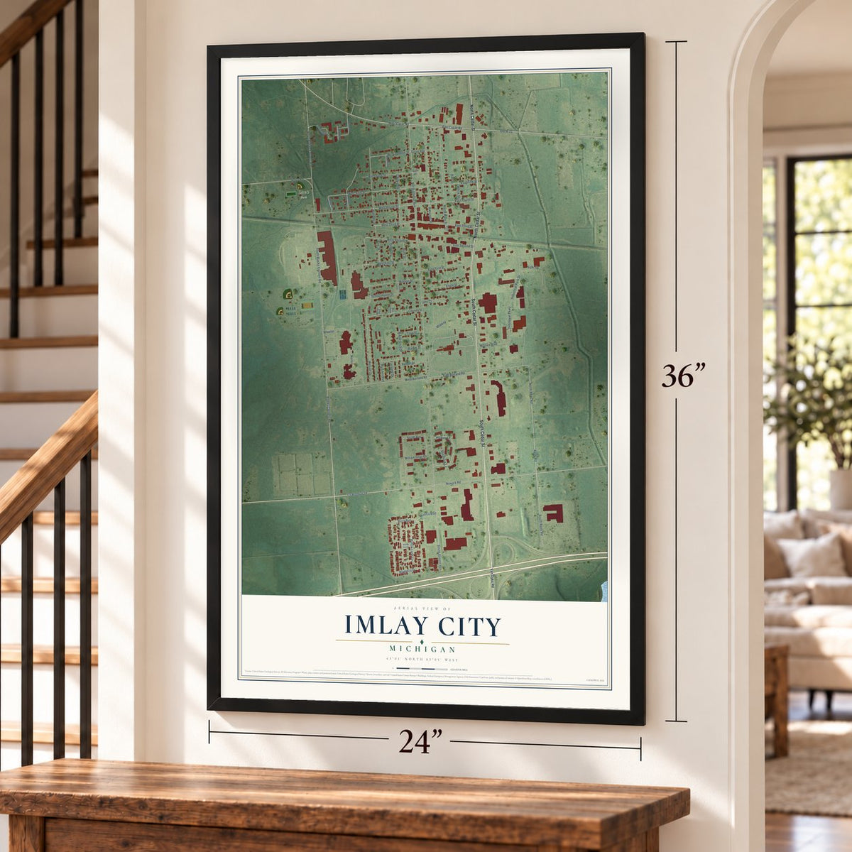 Imlay City, Michigan map, 24 x 36 inch print in a black frame by a staircase