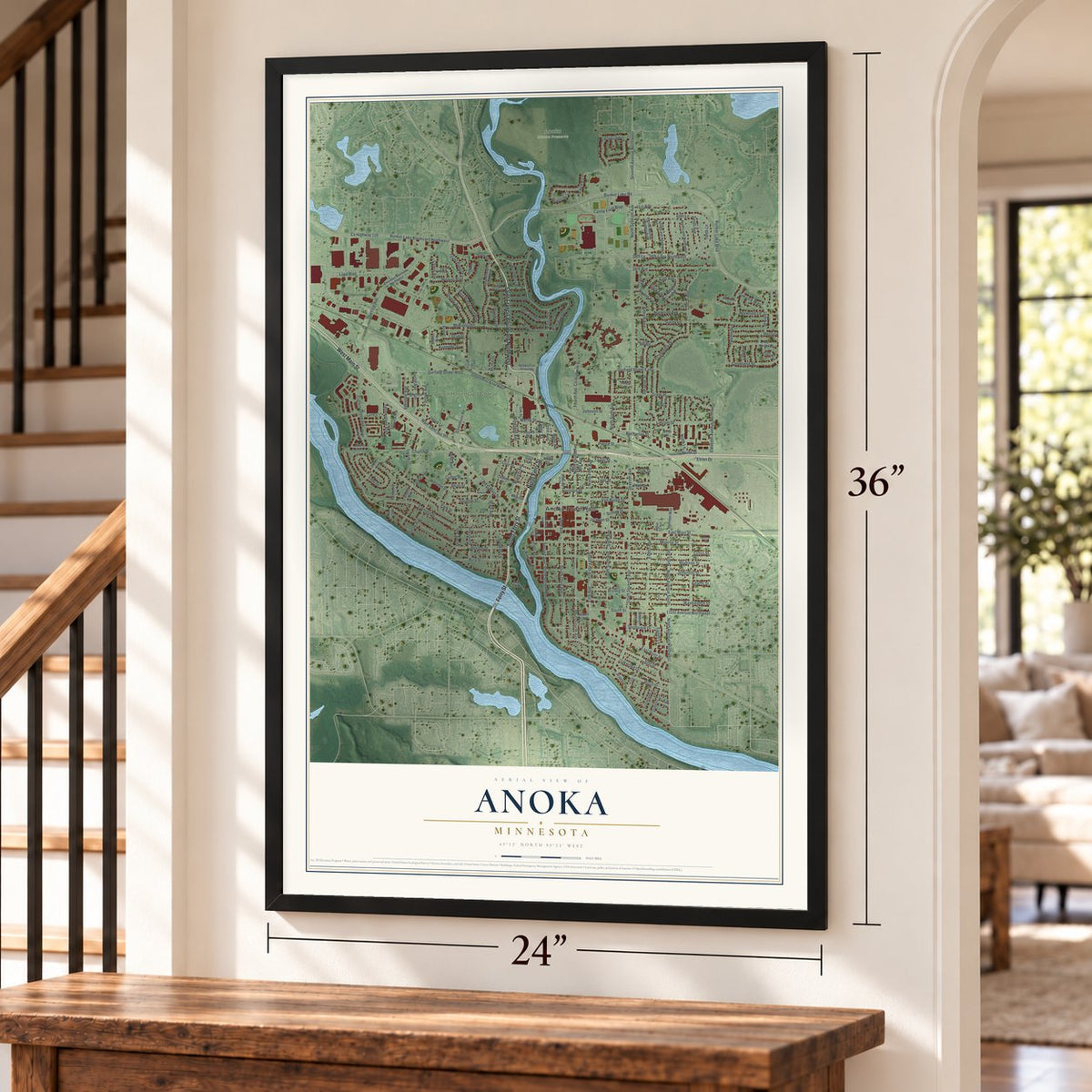 Anoka, Minnesota map, 24 x 36 inch print in a black frame by a staircase