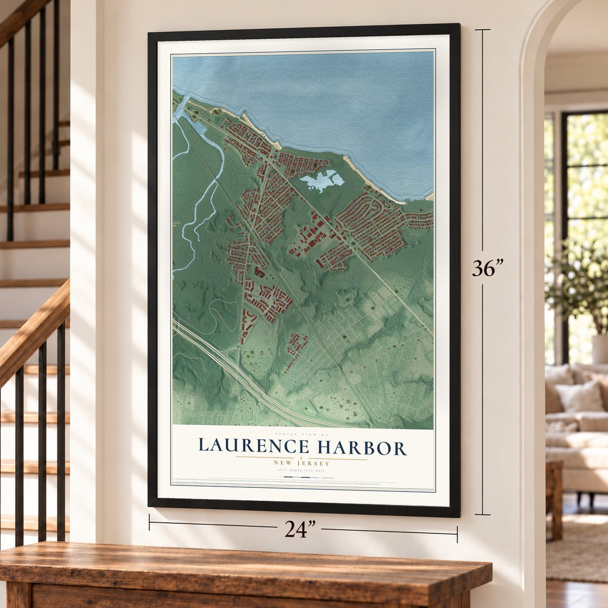 Laurence Harbor, New Jersey map, 24 x 36 inch print in a black frame by a staircase