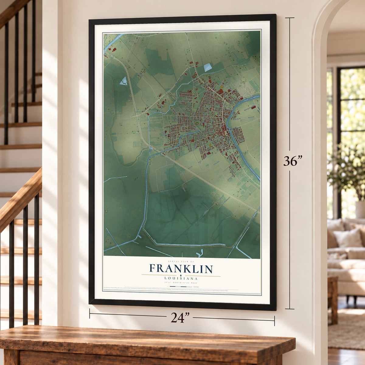 Franklin, Louisiana map, 24 x 36 inch print in a black frame by a staircase