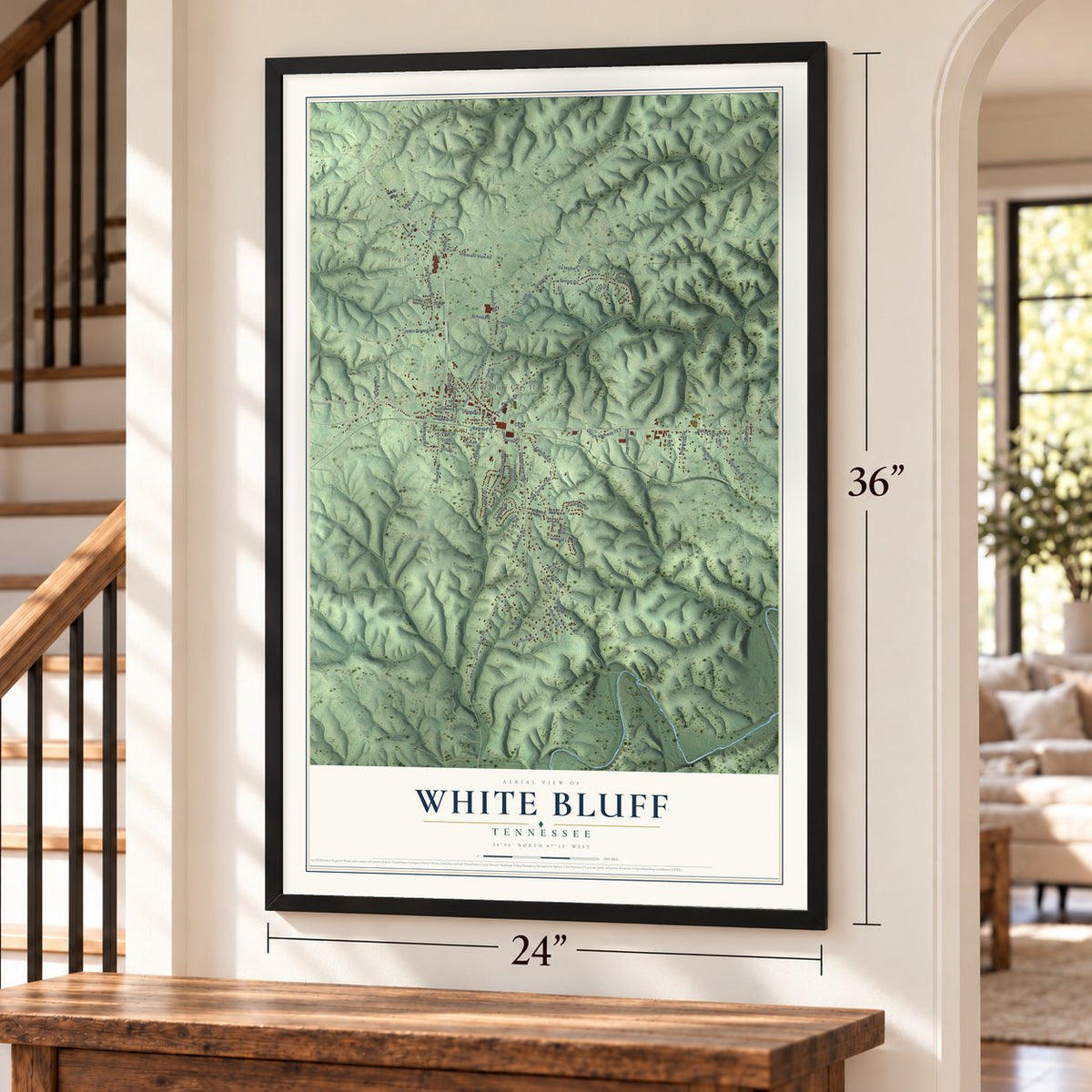 White Bluff, Tennessee map, 24 x 36 inch print in a black frame by a staircase