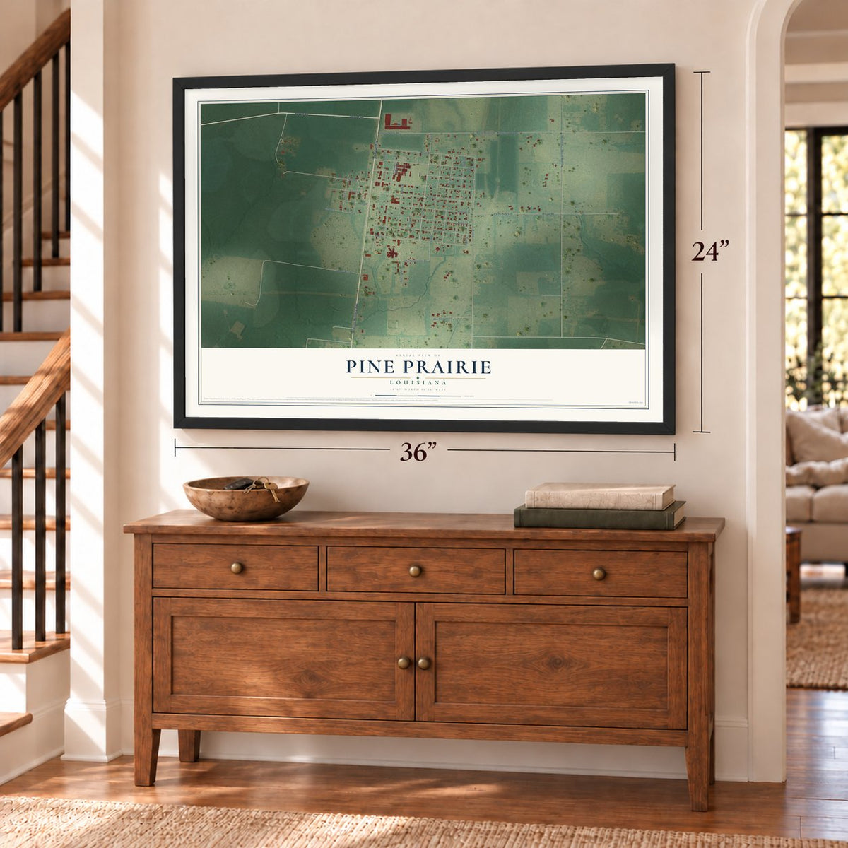 Pine Prairie, Louisiana map, 24 x 36 inch print in a black frame above a dresser by a staircase
