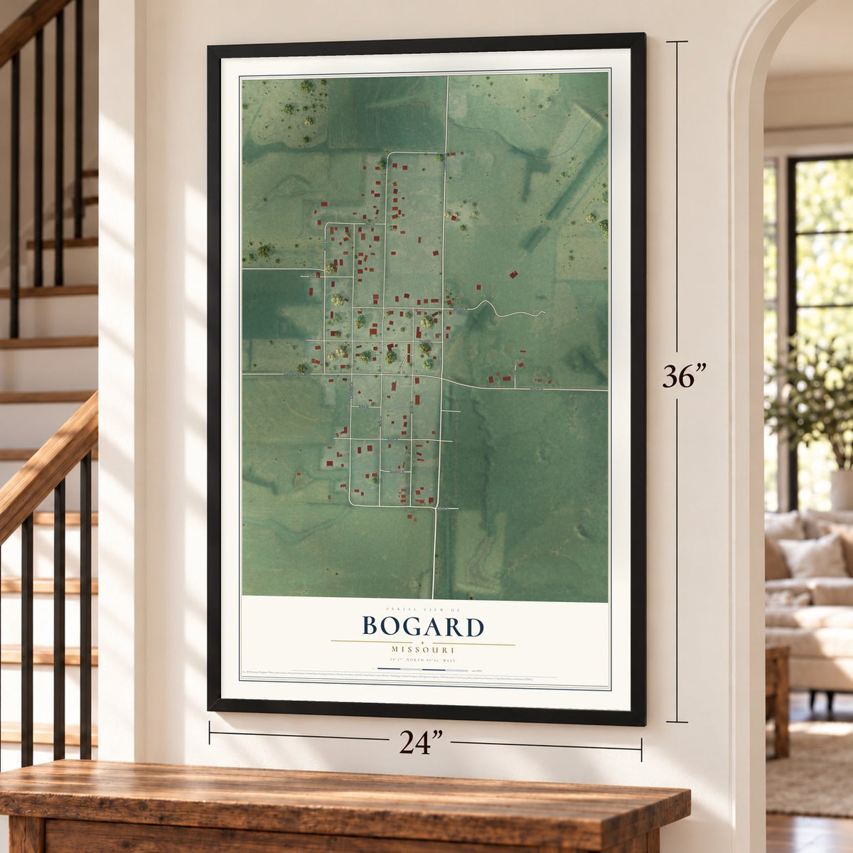 Bogard, Missouri map, 24 x 36 inch print in a black frame by a staircase