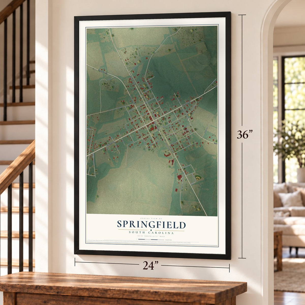 Springfield, South Carolina map, 24 x 36 inch print in a black frame by a staircase