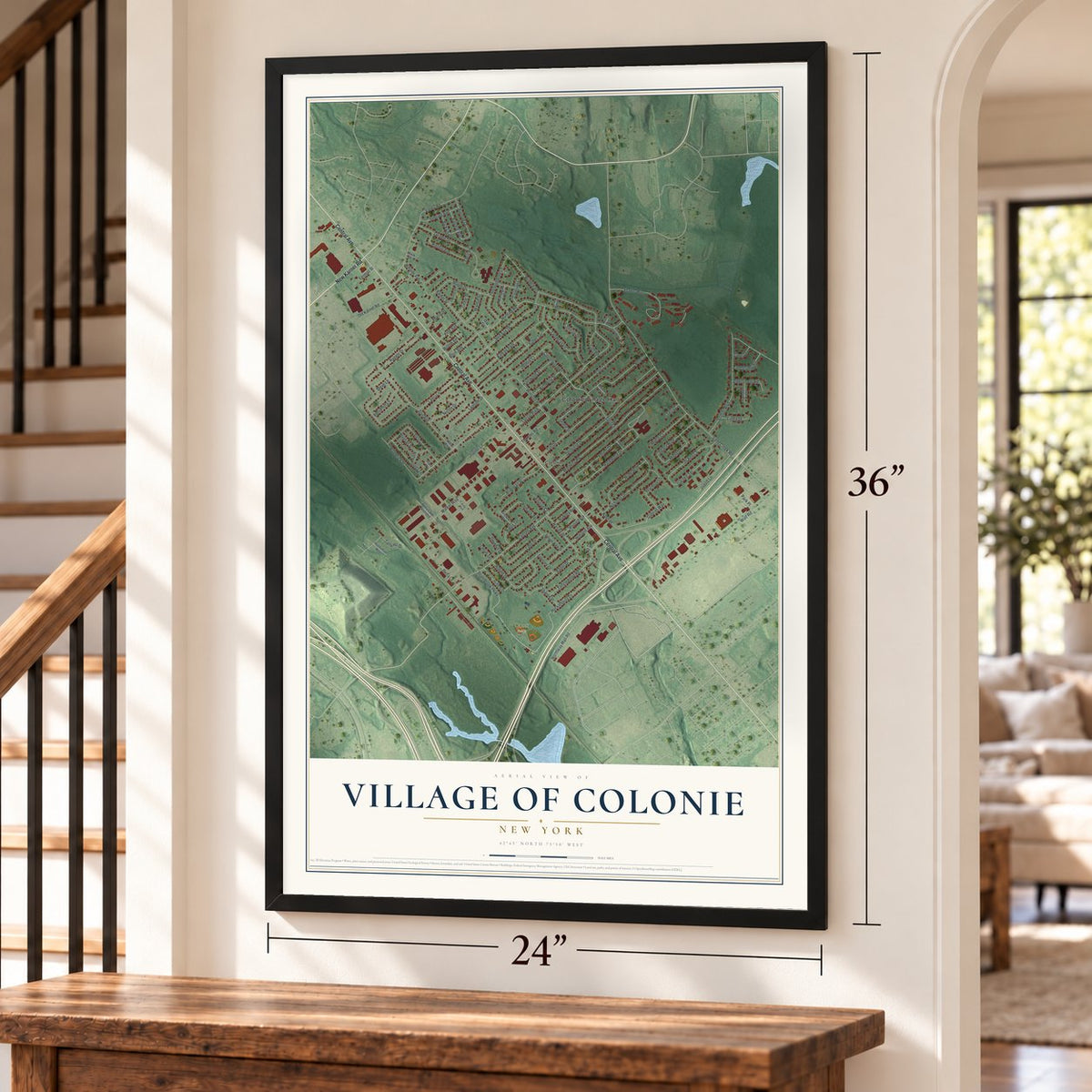 Village of Colonie, New York map, 24 x 36 inch print in a black frame by a staircase