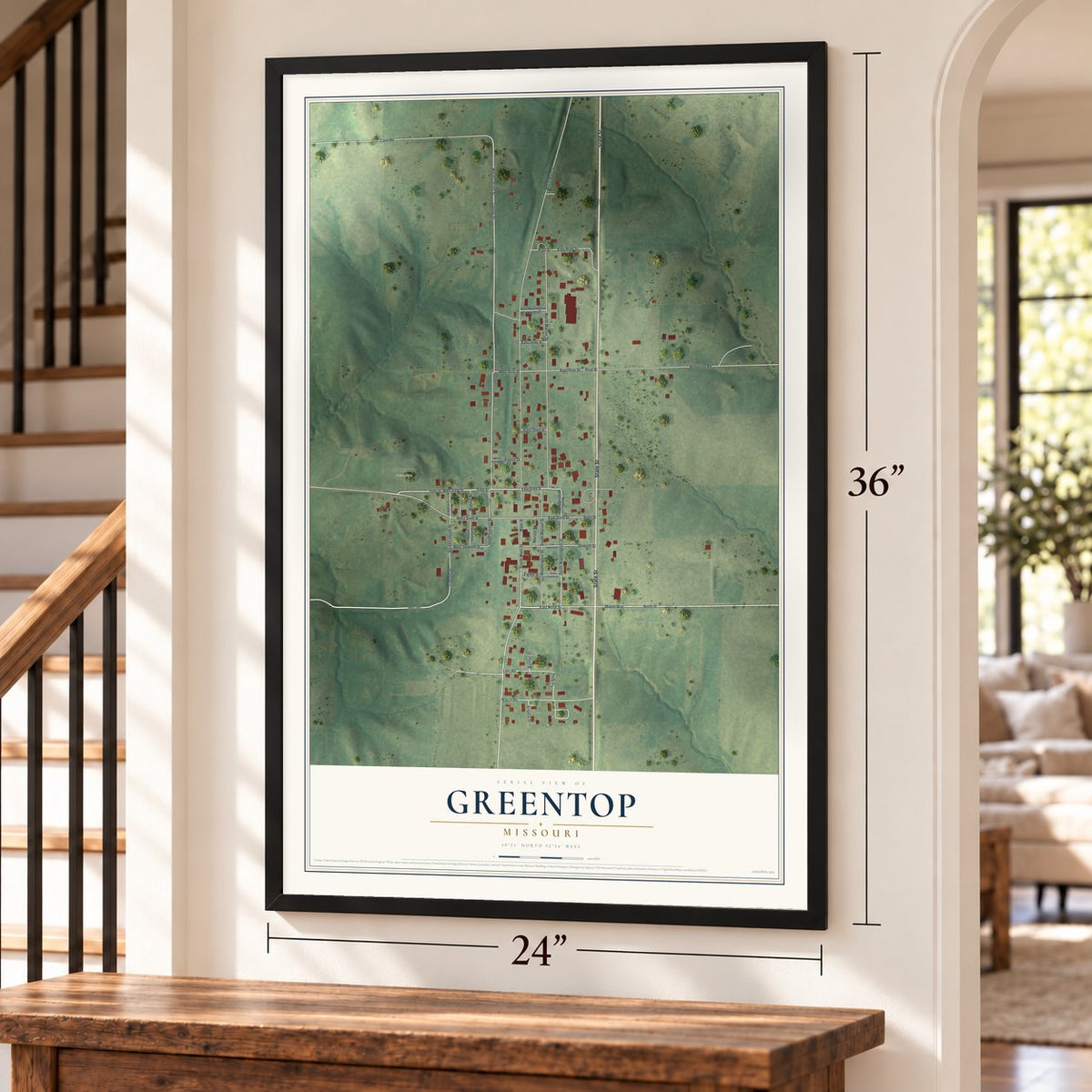 Greentop, Missouri map, 24 x 36 inch print in a black frame by a staircase
