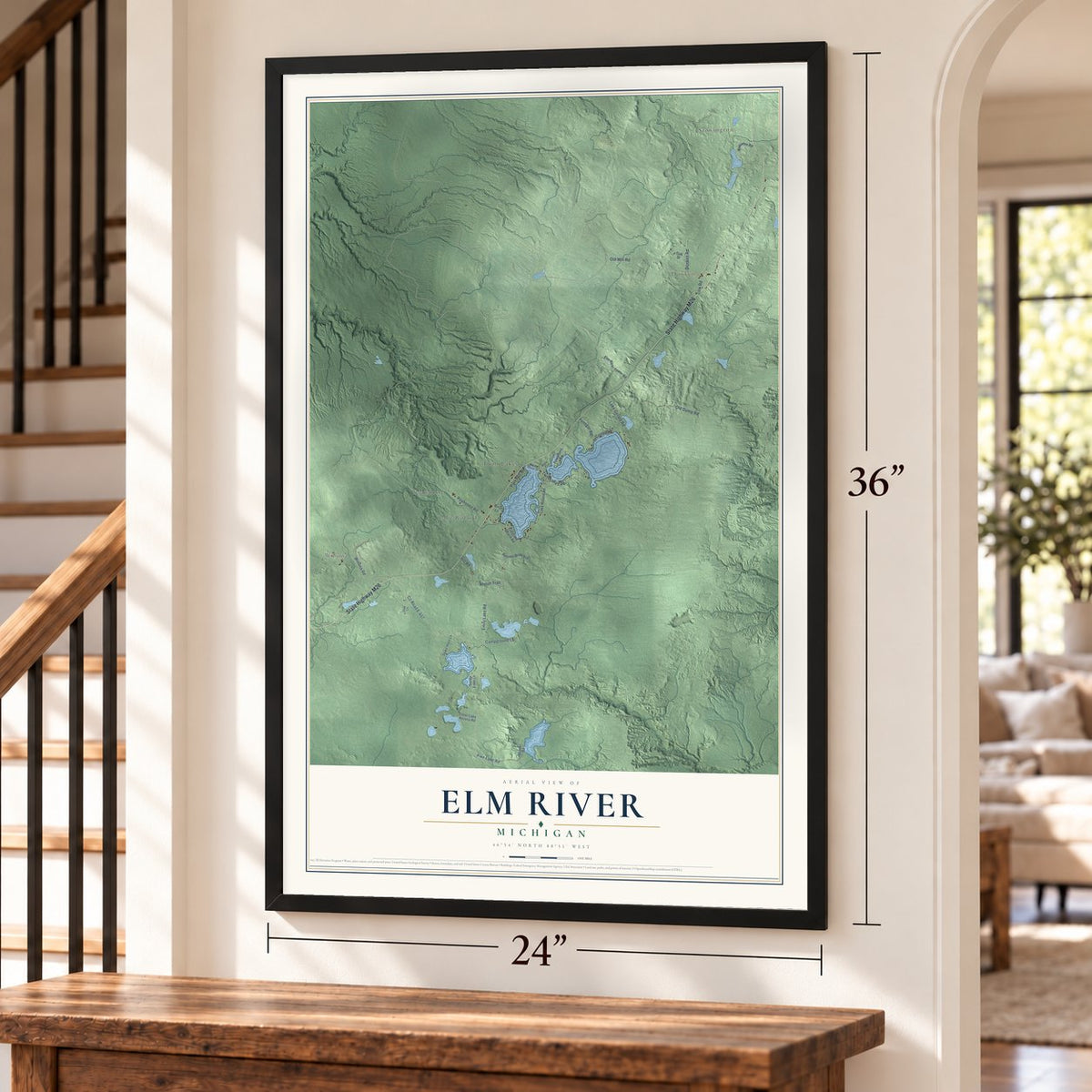 Elm River, Michigan map, 24 x 36 inch print in a black frame by a staircase