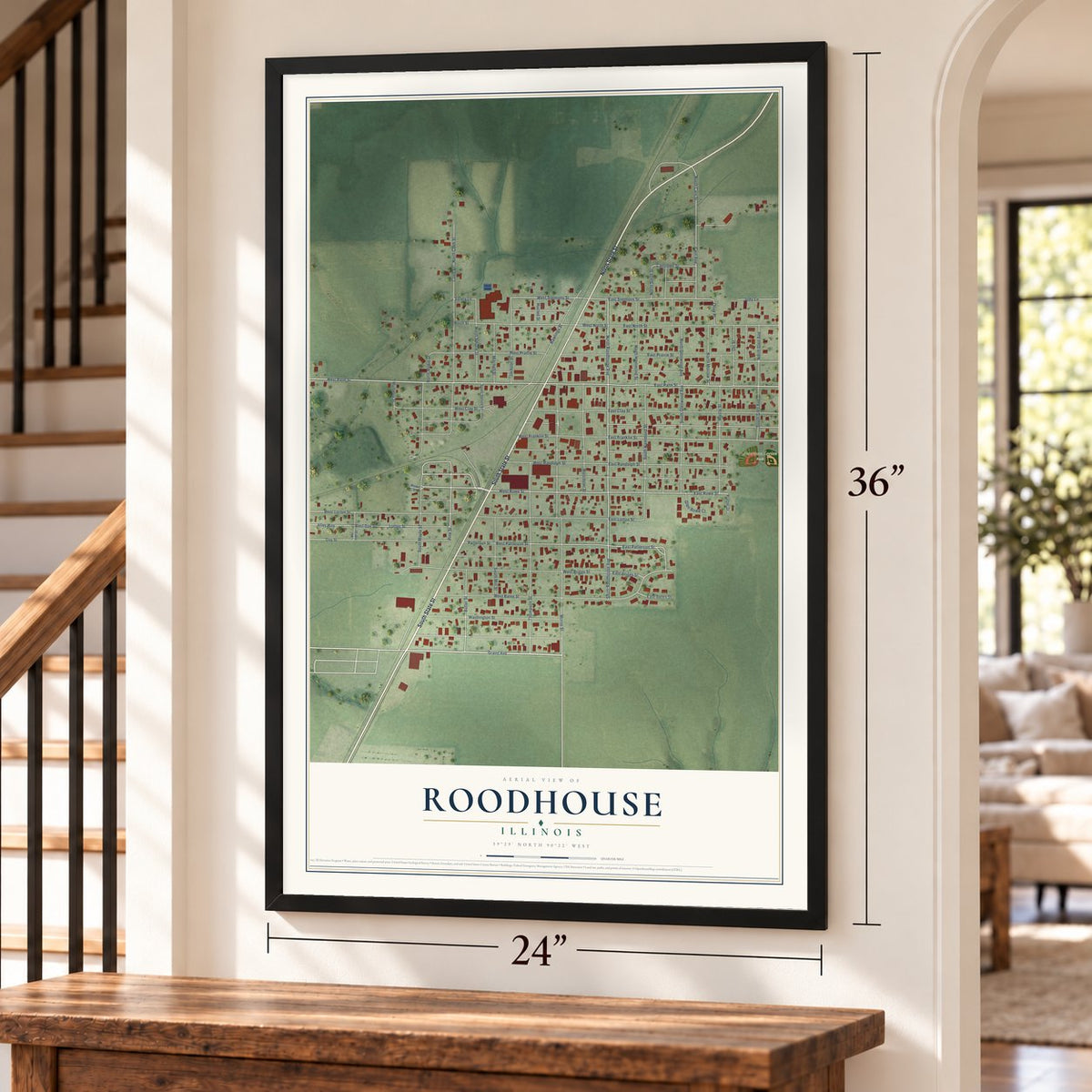 Roodhouse, Illinois map, 24 x 36 inch print in a black frame by a staircase