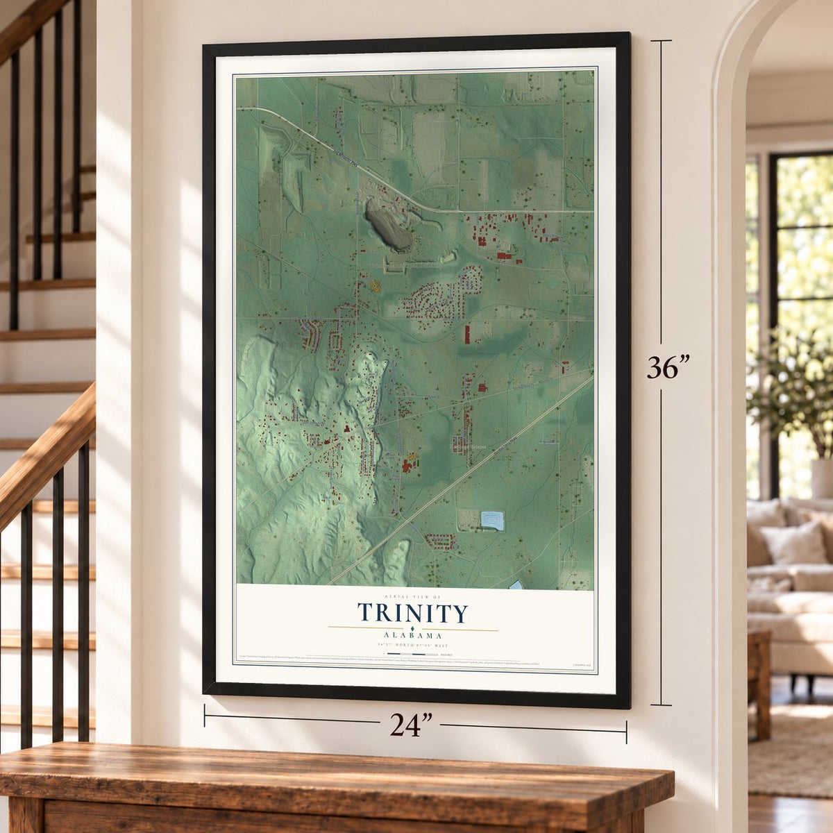 Trinity, Alabama map, 24 x 36 inch print in a black frame by a staircase