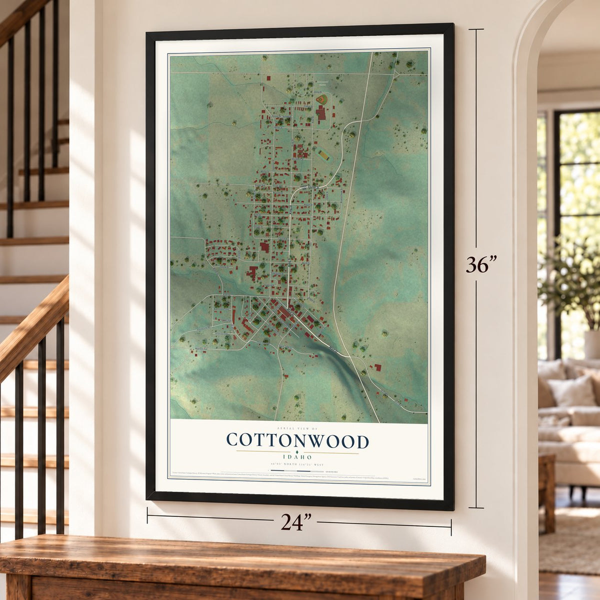 Cottonwood, Idaho map, 24 x 36 inch print in a black frame by a staircase