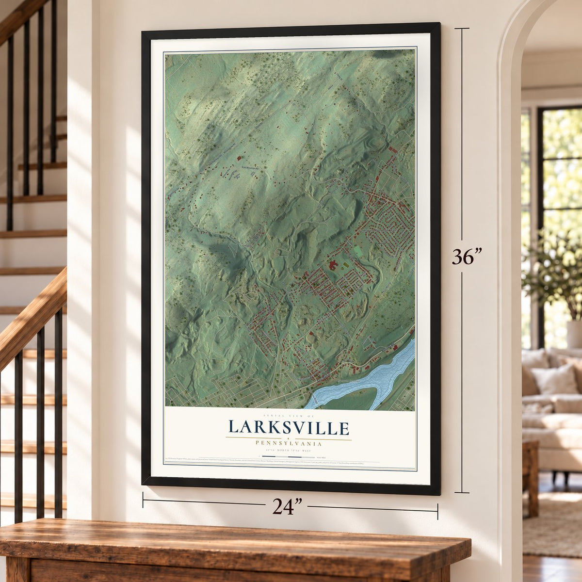 Larksville, Pennsylvania map, 24 x 36 inch print in a black frame by a staircase
