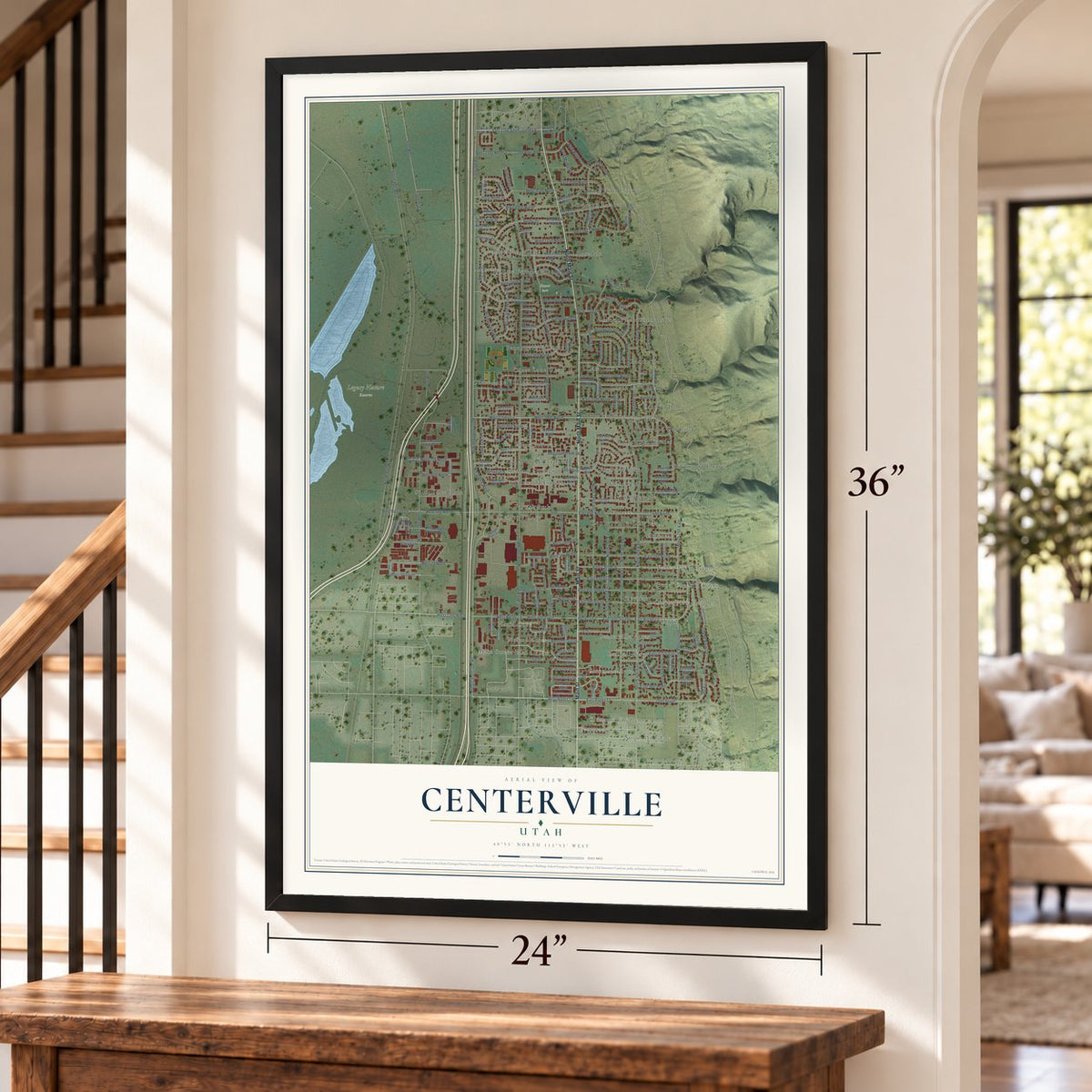 Centerville, Utah map, 24 x 36 inch print in a black frame by a staircase