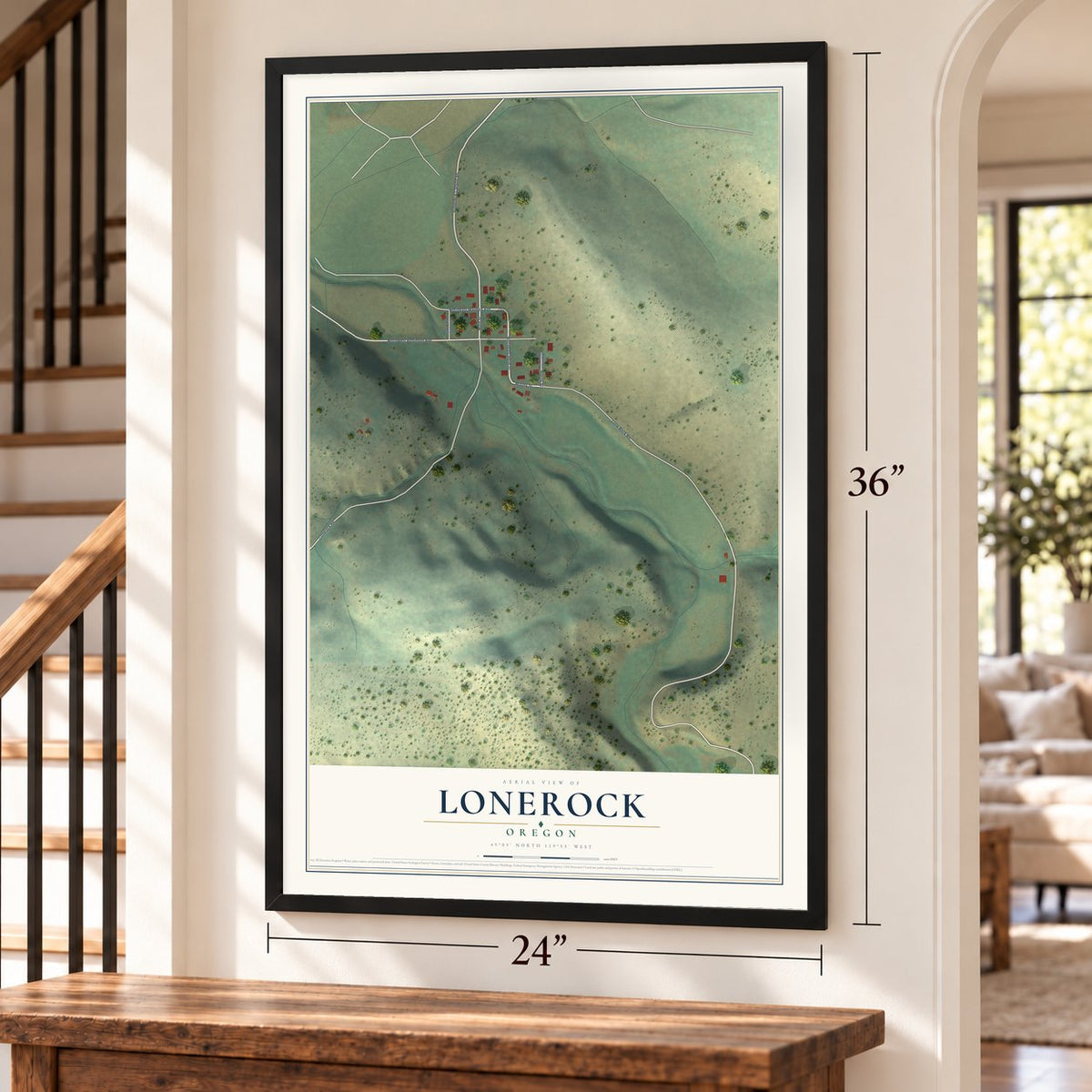 Lonerock, Oregon map, 24 x 36 inch print in a black frame by a staircase