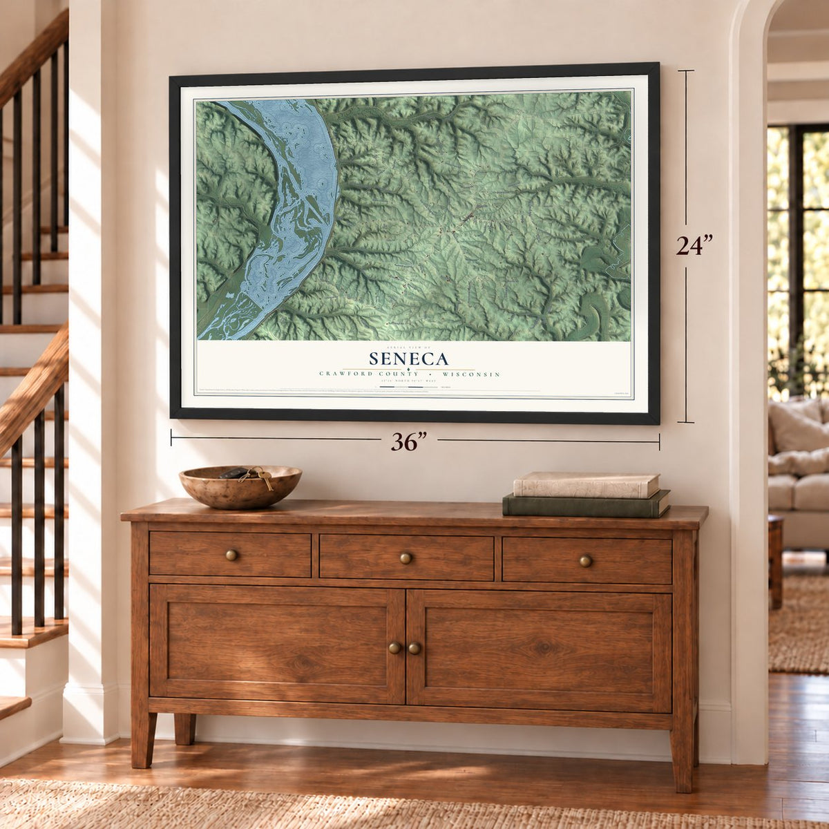 Seneca, Crawford County, Wisconsin map, 24 x 36 inch print in a black frame above a dresser by a staircase