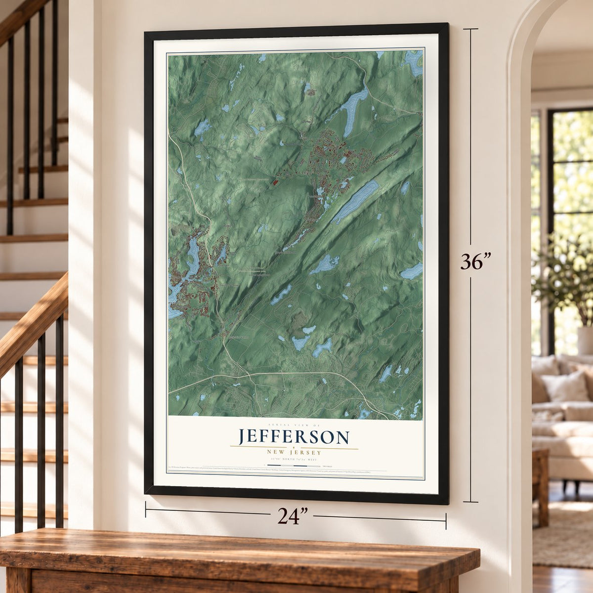 Jefferson, New Jersey map, 24 x 36 inch print in a black frame by a staircase