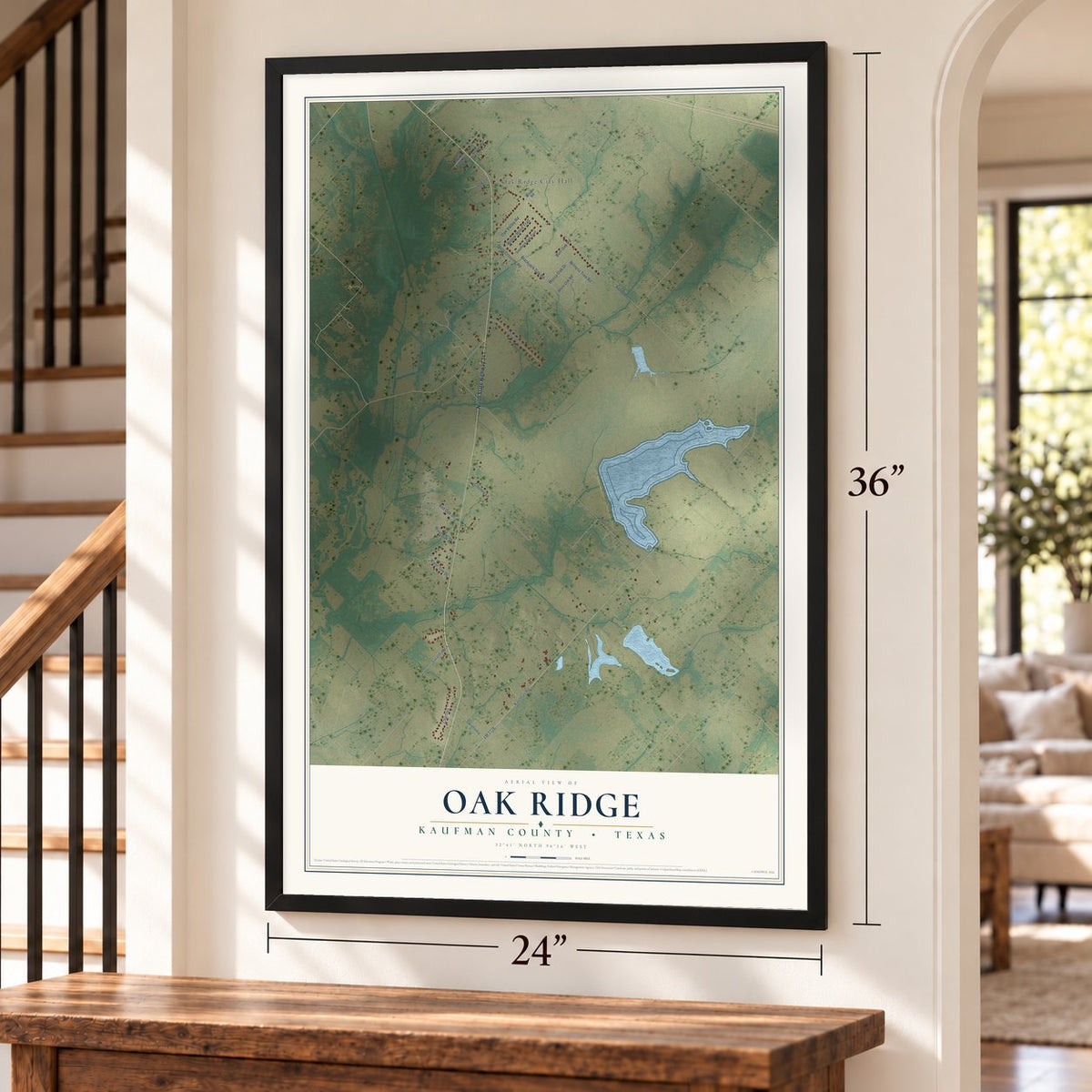 Oak Ridge, Kaufman County, Texas map, 24 x 36 inch print in a black frame by a staircase