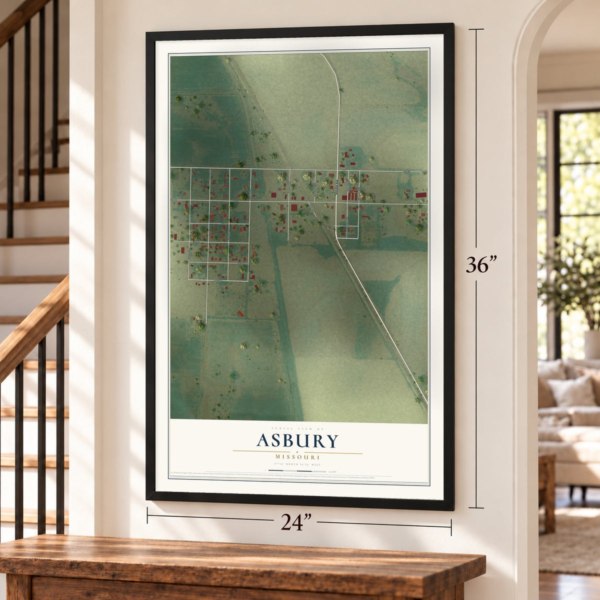 Asbury, Missouri map, 24 x 36 inch print in a black frame by a staircase