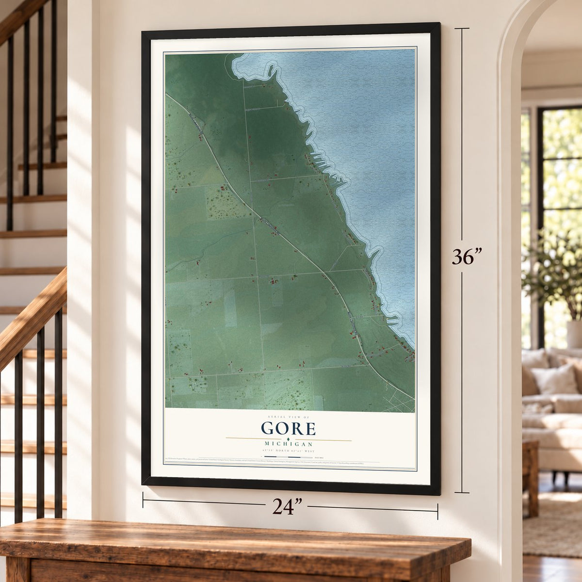 Gore, Michigan map, 24 x 36 inch print in a black frame by a staircase