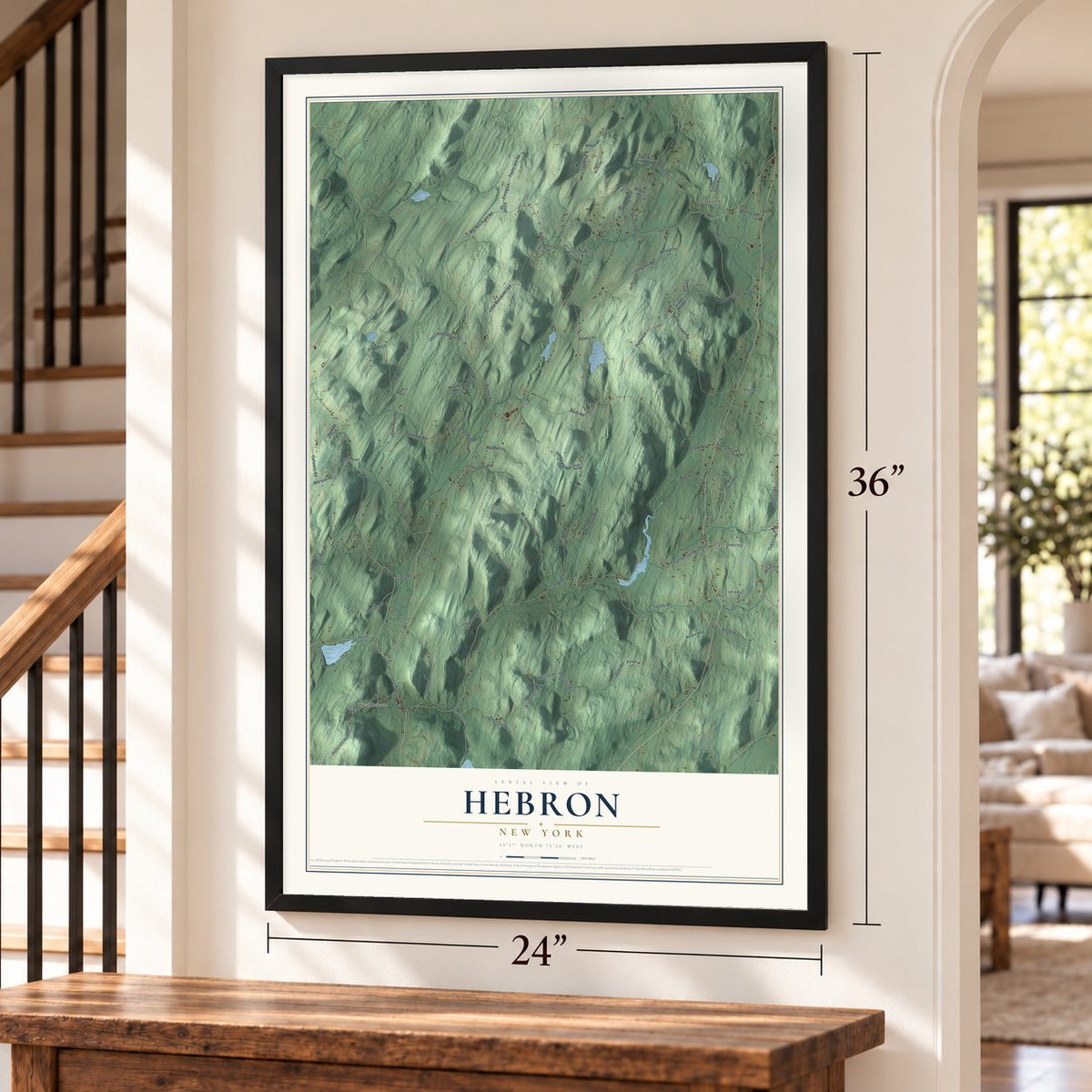 Hebron, New York map, 24 x 36 inch print in a black frame by a staircase