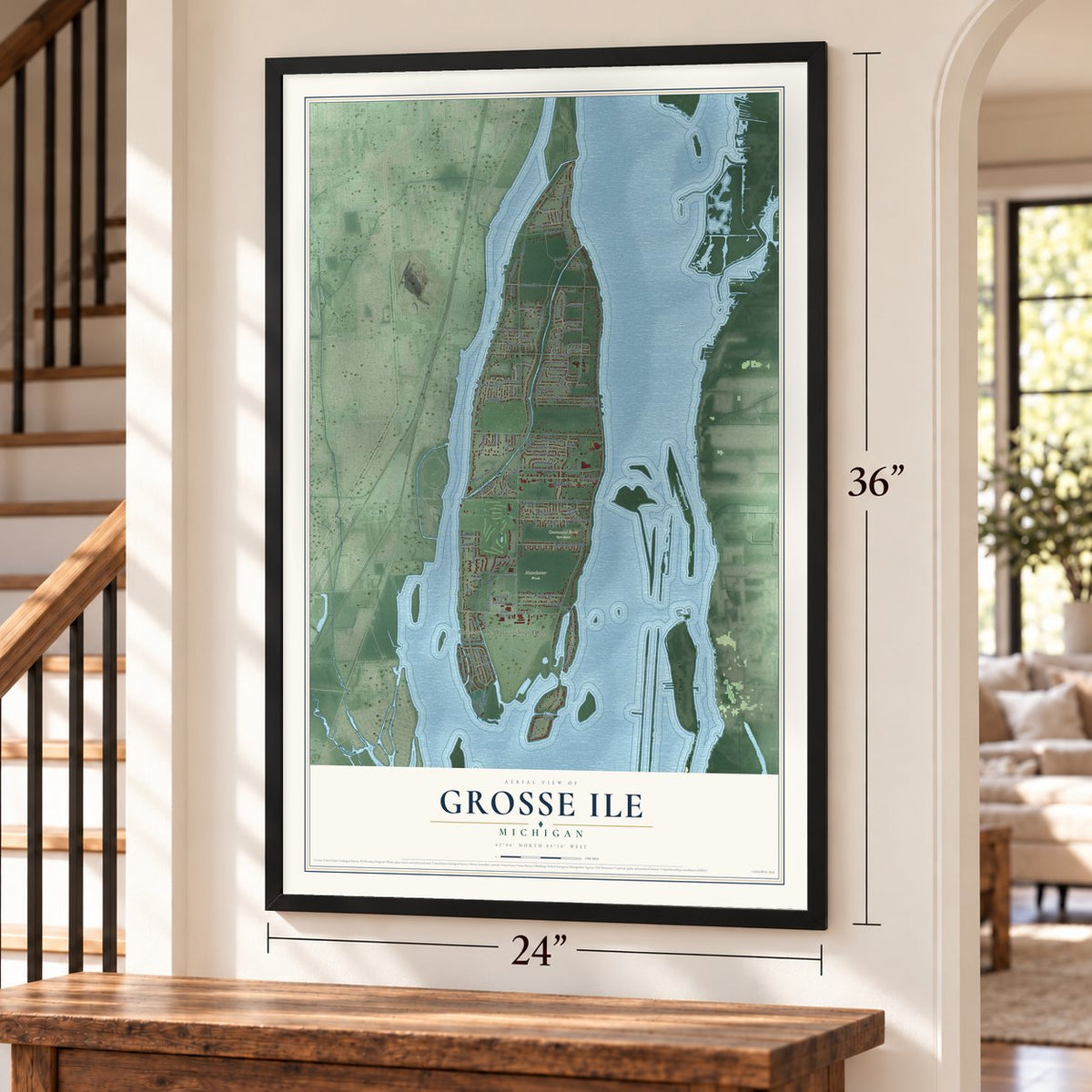Grosse Ile, Michigan map, 24 x 36 inch print in a black frame by a staircase