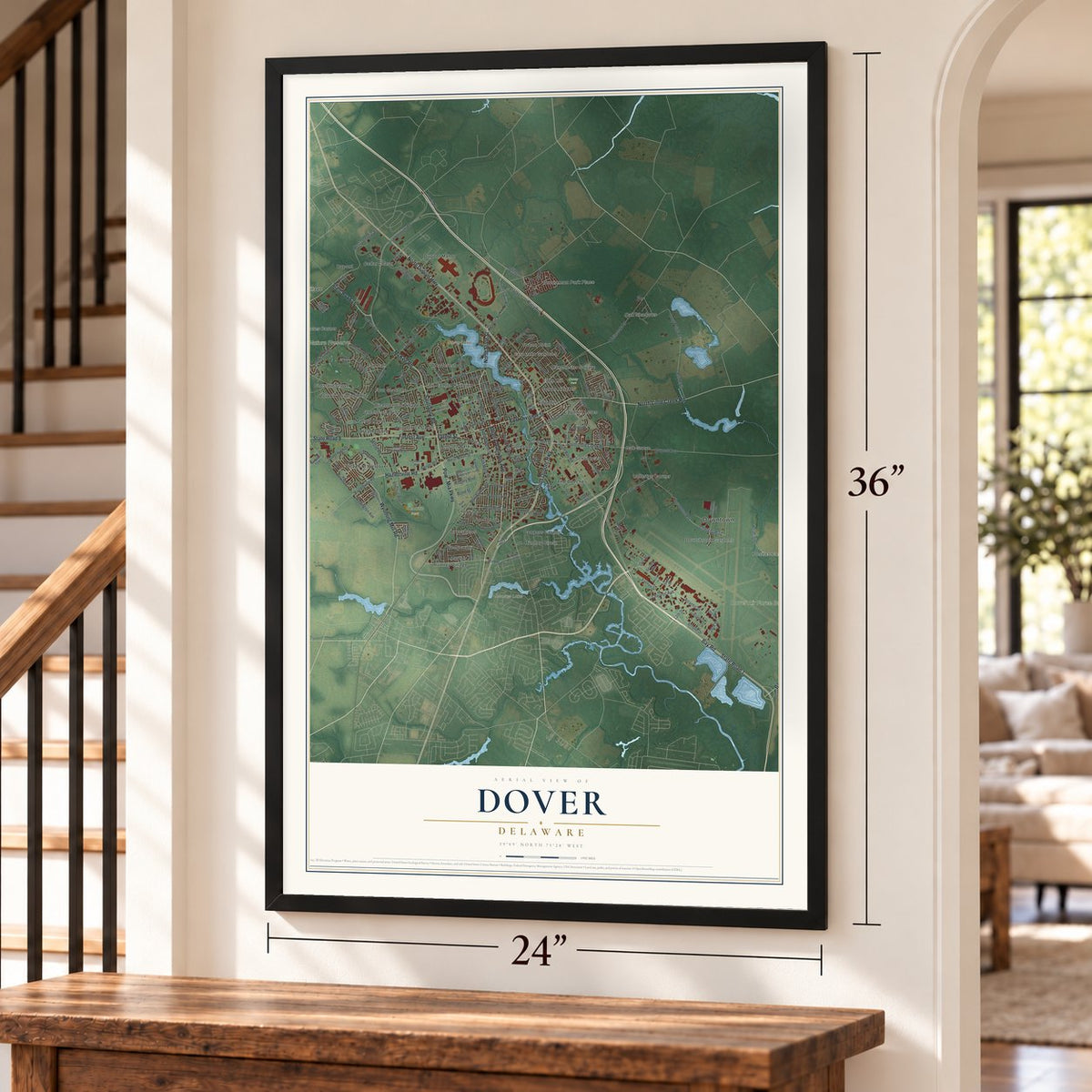 Dover, Delaware map, 24 x 36 inch print in a black frame by a staircase