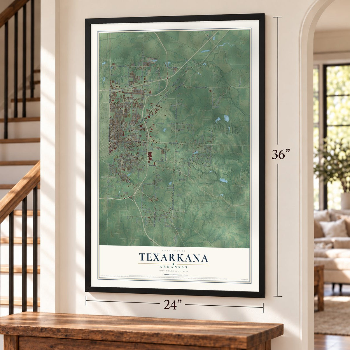 Texarkana, Arkansas map, 24 x 36 inch print in a black frame by a staircase