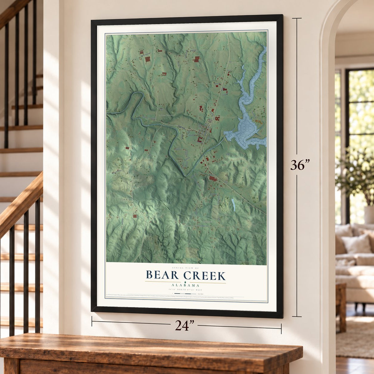 Bear Creek, Alabama map, 24 x 36 inch print in a black frame by a staircase