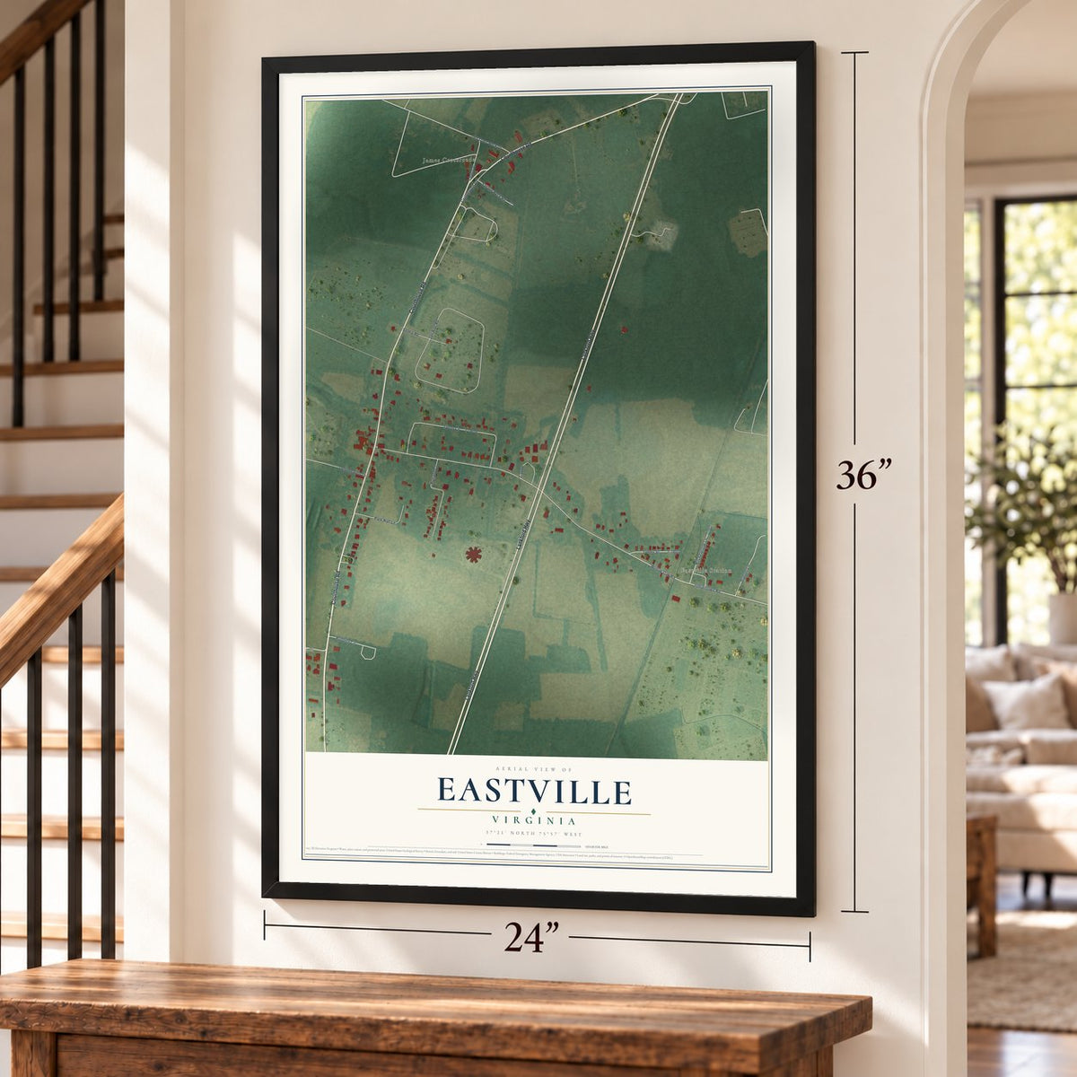 Eastville, Virginia map, 24 x 36 inch print in a black frame by a staircase