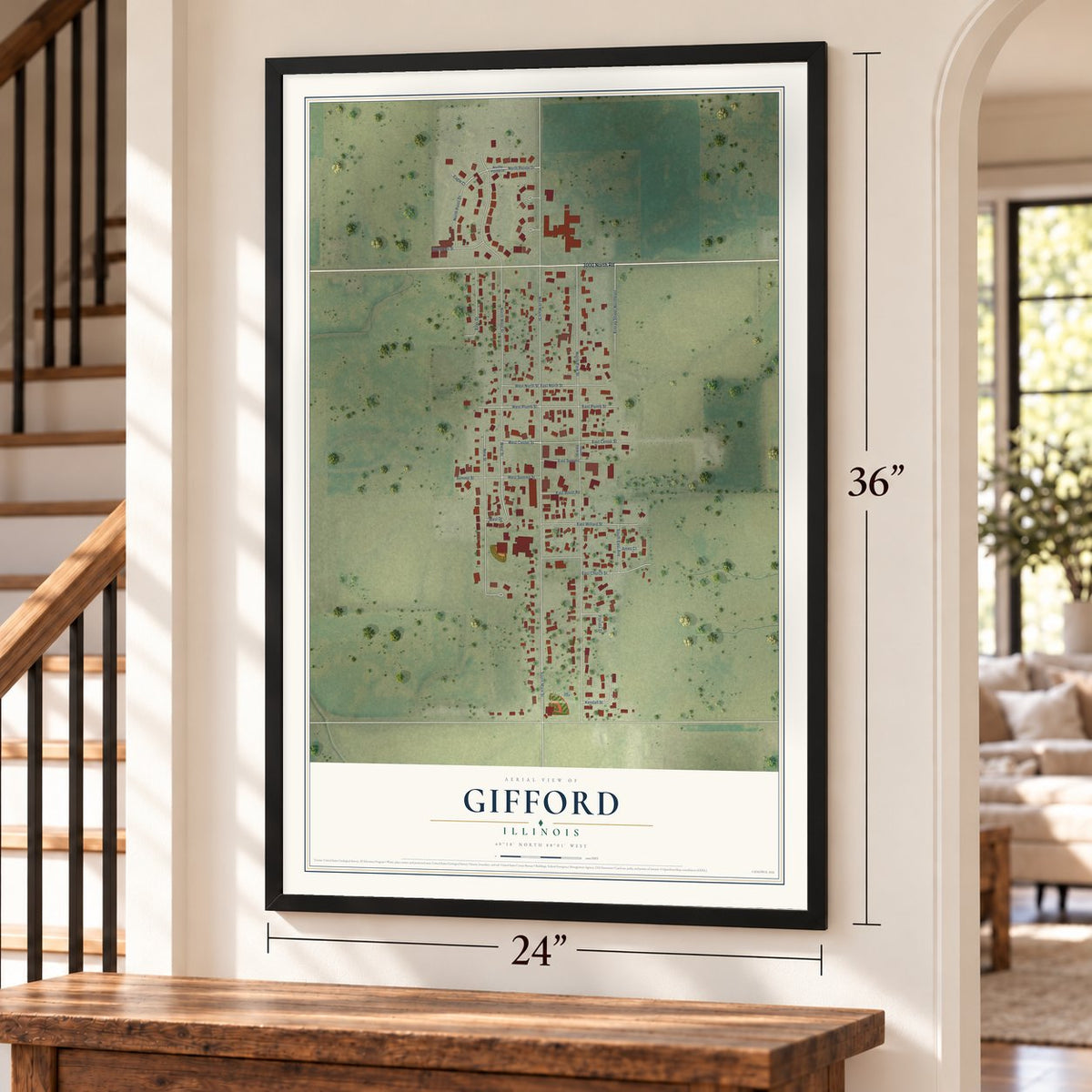 Gifford, Illinois map, 24 x 36 inch print in a black frame by a staircase