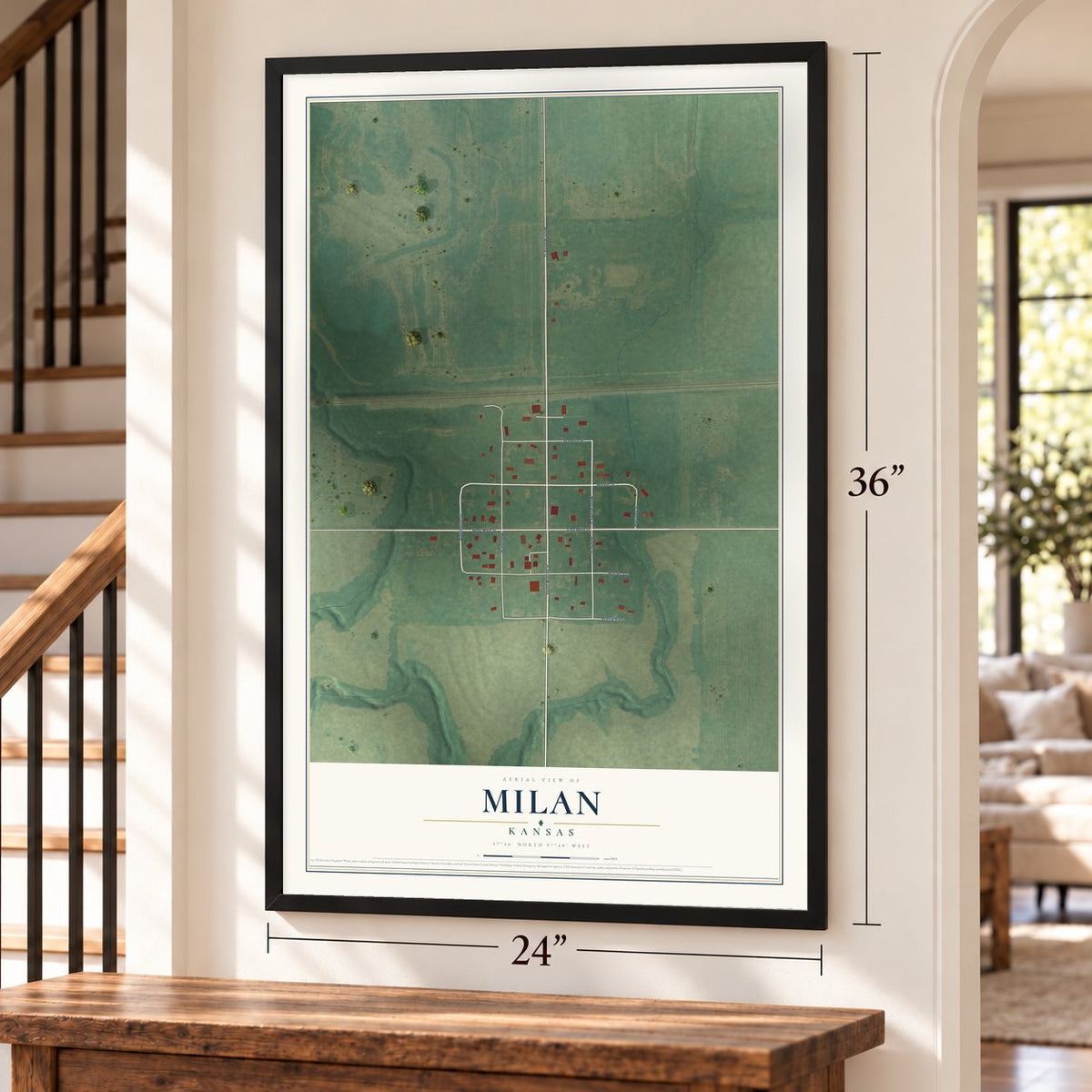 Milan, Kansas map, 24 x 36 inch print in a black frame by a staircase