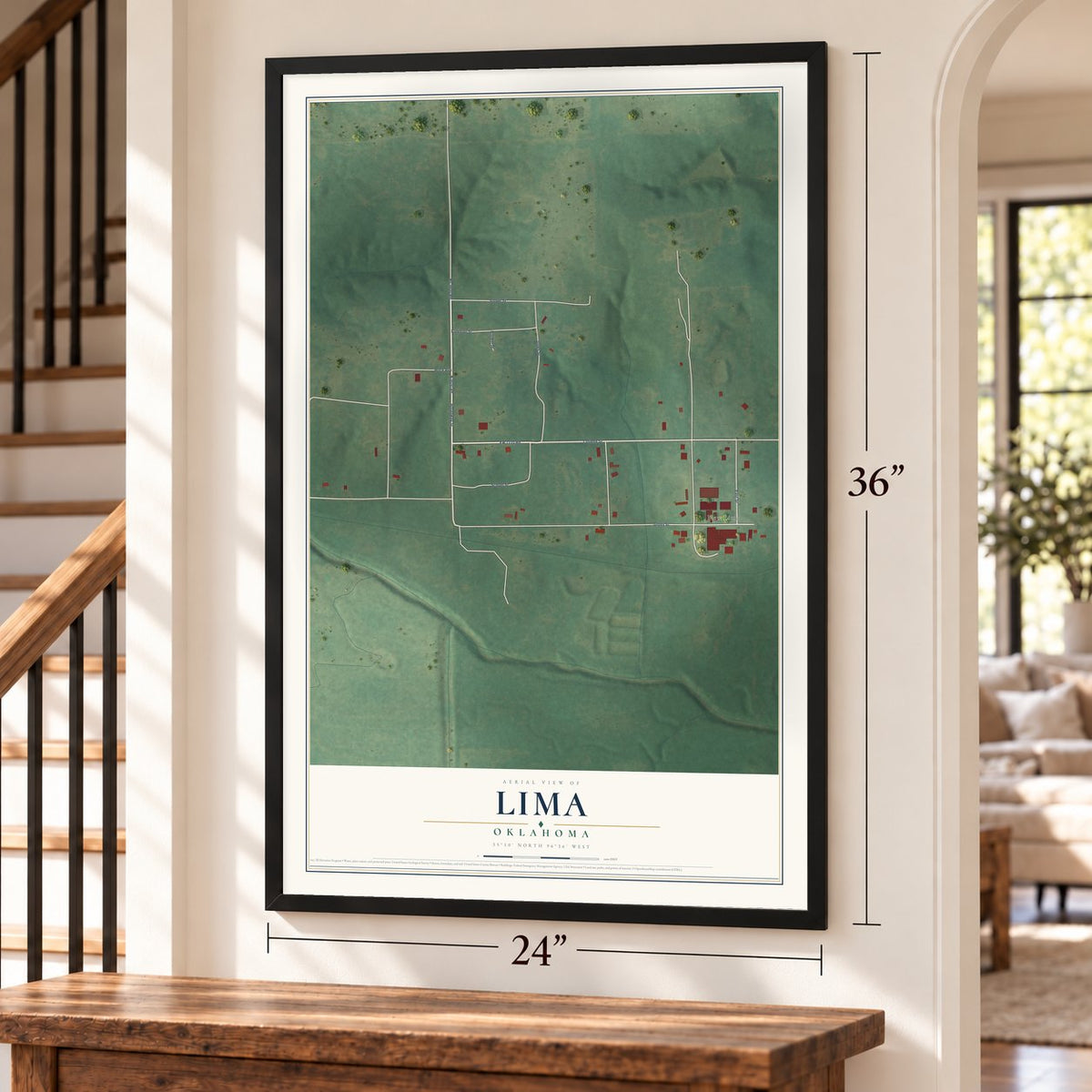 Lima, Oklahoma map, 24 x 36 inch print in a black frame by a staircase