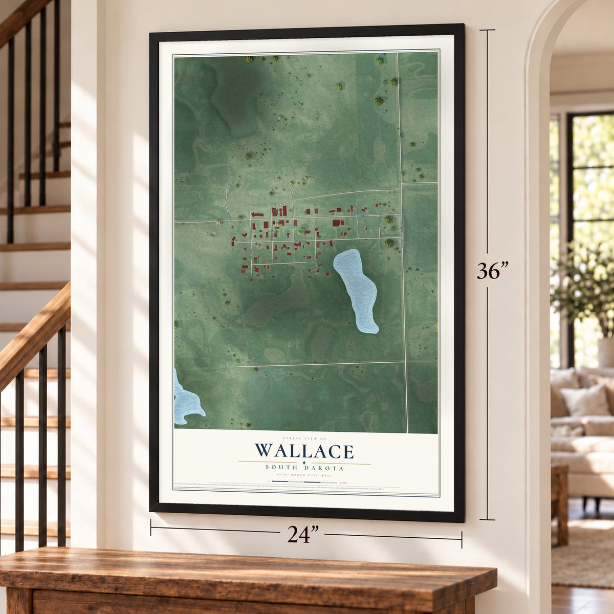 Wallace, South Dakota map, 24 x 36 inch print in a black frame by a staircase