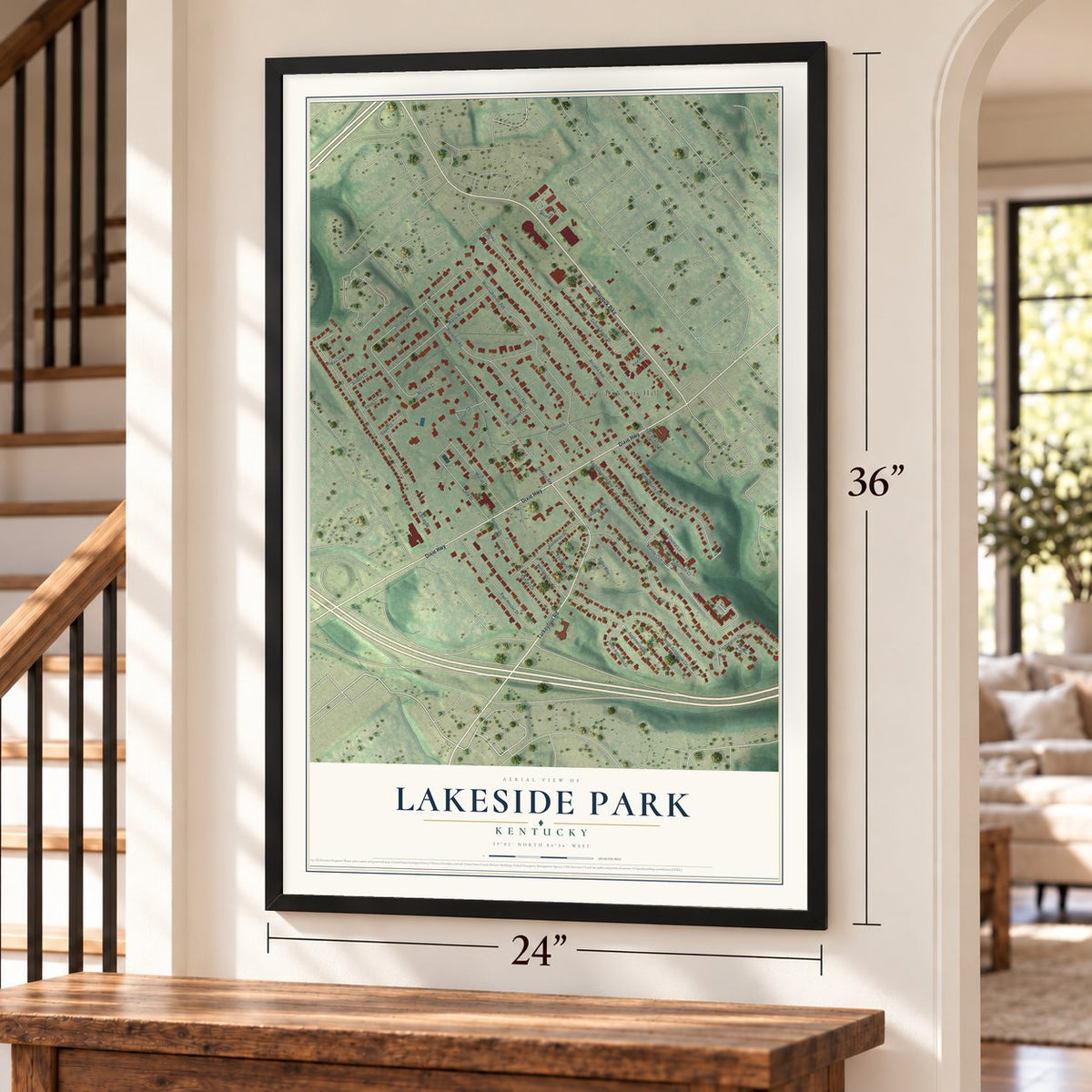 Lakeside Park, Kentucky map, 24 x 36 inch print in a black frame by a staircase