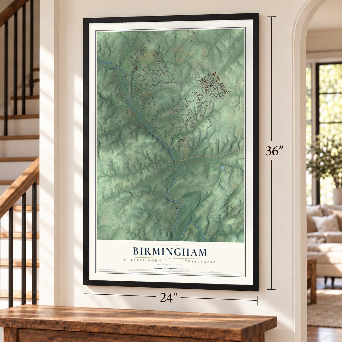 Birmingham, Chester County, Pennsylvania map, 24 x 36 inch print in a black frame by a staircase