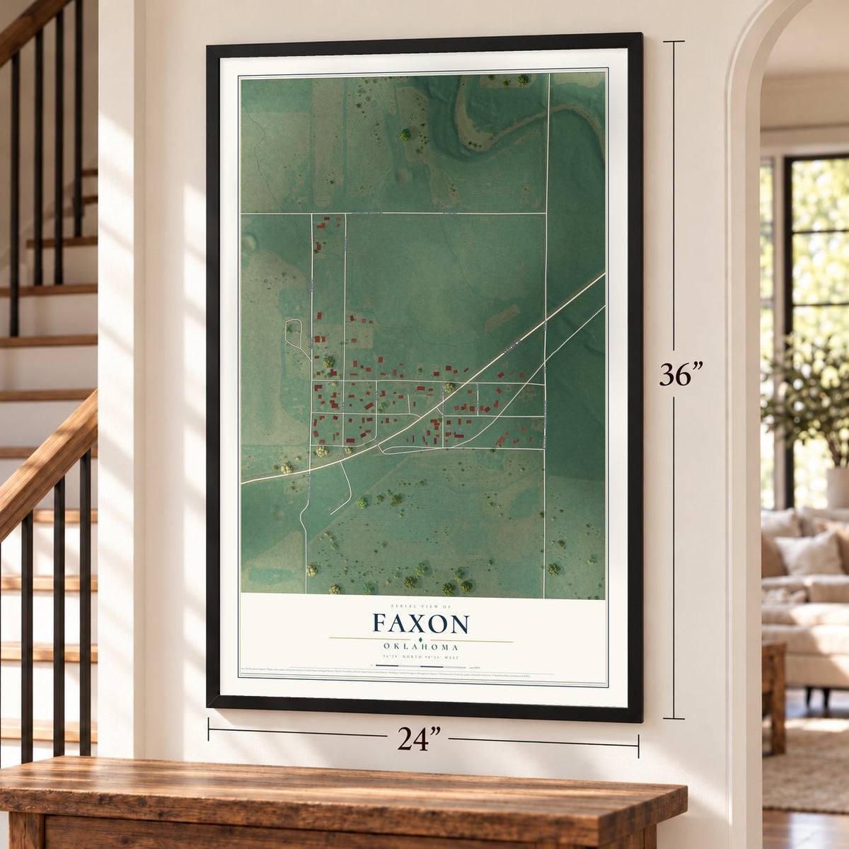 Faxon, Oklahoma map, 24 x 36 inch print in a black frame by a staircase