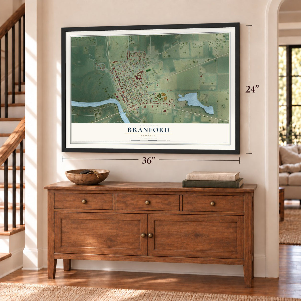 Branford, Florida map, 24 x 36 inch print in a black frame above a dresser by a staircase