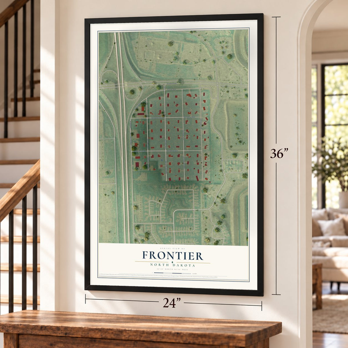 Frontier, North Dakota map, 24 x 36 inch print in a black frame by a staircase