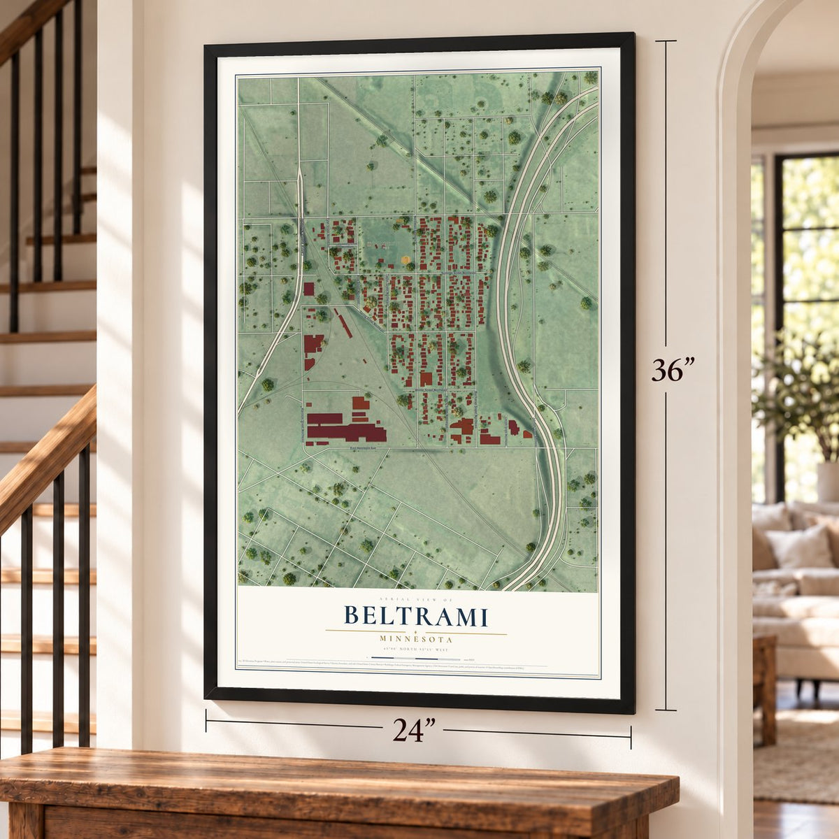 Beltrami, Minneapolis, Minnesota map, 24 x 36 inch print in a black frame by a staircase