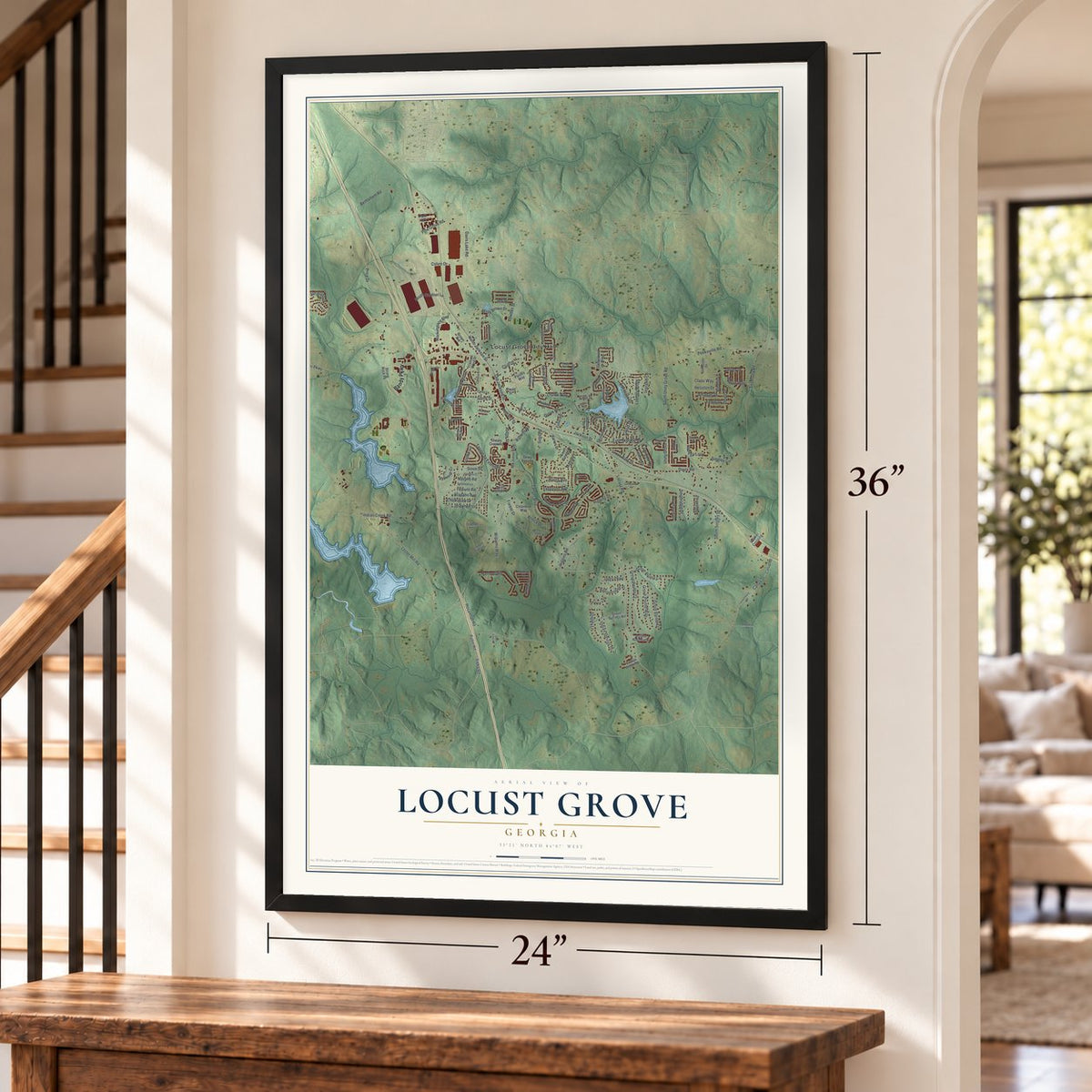 Locust Grove, Georgia map, 24 x 36 inch print in a black frame by a staircase